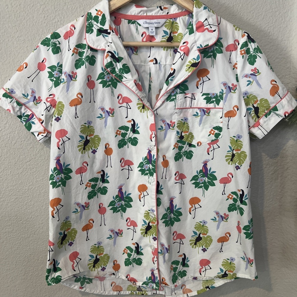 The Company StoreWHITE Flamingo Print Button-Down Pajama Shirt Cotton MEDIUM